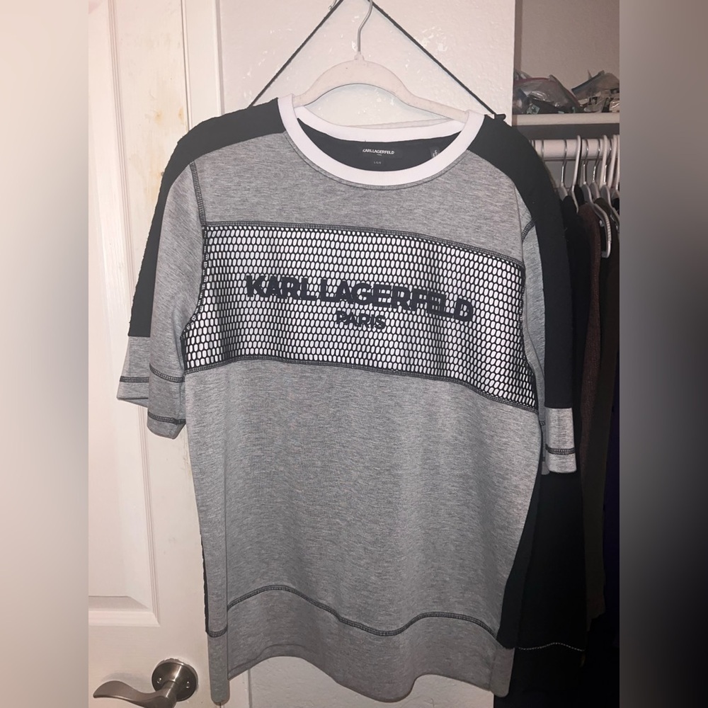 KARL LAGERFELD Men's Contrast Fabric Mesh Logo Pullover LARGE NWOT - Picture 3 of 12